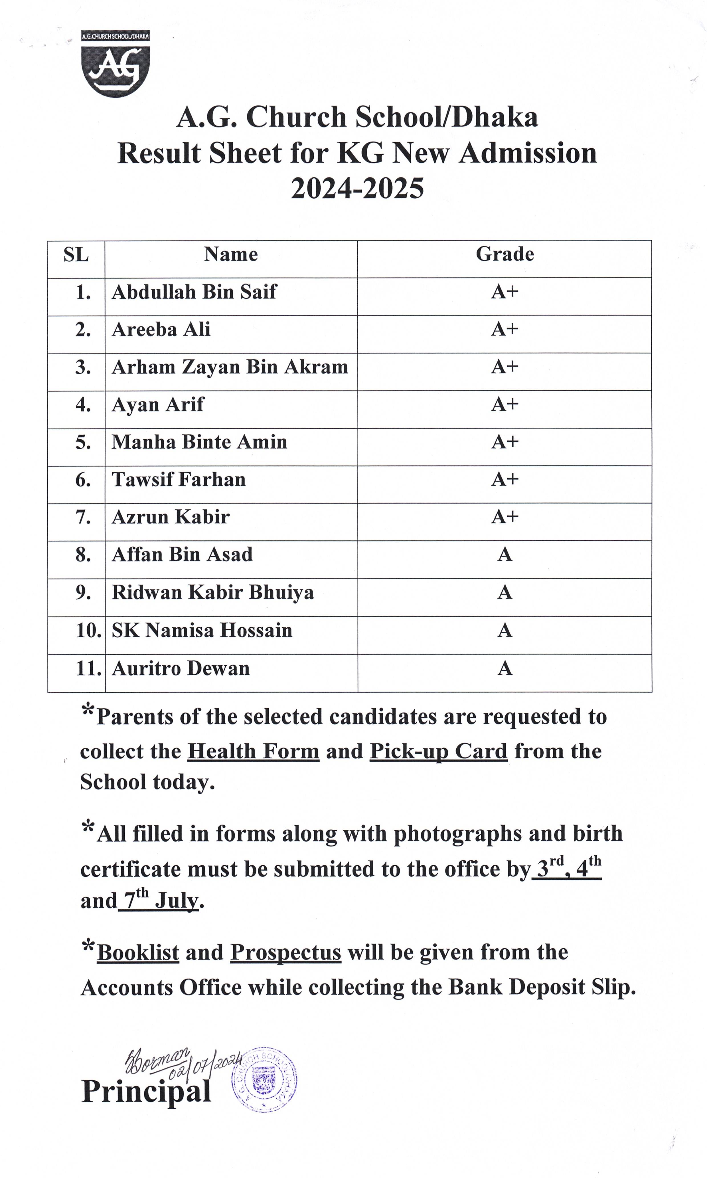 Result Sheet for KG New Admission 2024-2025